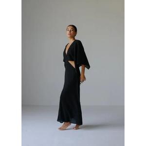 Robe longue noire pour femme à col en V, découpes et manches évasées |   Robe de soirée à taille naturelle, imprimé floral, écologique - Product Image 3