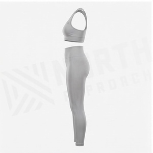 Ensemble de yoga 2 pièces North Approach : Crop top dos nageur et Legging taille haute longueur intégrale, gris uni, sans couture, respirant, vêtements de sport - Product Image 3