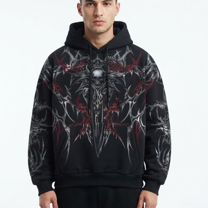Sweat-shirt à capuche noir pour homme, imprimé crâne gothique, surdimensionné, avec poche, pour l'automne - Product Image 5