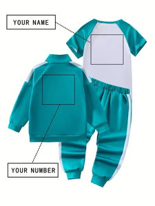 Custom Kid's 3-Piece Solid Peacock Green Athletic Outfit Short Sleeve T-Shirt Lapel Zipper Jacket Joggers ODM Customizable - Product Image 3