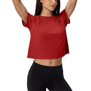 Women's Custom Logo <b>Red</b> <b>Cropped</b> Short Sleeve Knitted O-Neck Casual Solid Color Breathable Tank <b>Top</b> - Product Image 1
