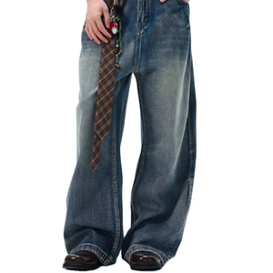 Pantalon en jean vintage délavé pour homme, style crayon, effet moustaches, tendance - Product Image 1