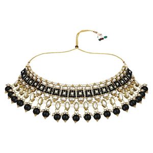 Parure de bijoux plaqué or en alliage, collier ras-du-cou et boucles d'oreilles, design géométrique vintage, pour femme, idéal pour les soirées, couleur noire - Product Image 2