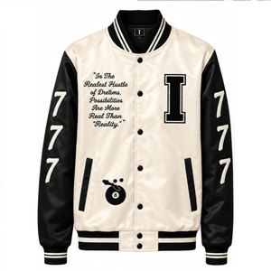 <b>Men's</b> Varsity <b>Jacket</b> <b>Cream</b> Black Letter Print Silk Screen Preppy Style Regular Fit Autumn Wear Turn-down Collar - Product Image 2
