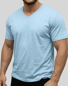 Men's V-Neck Short Sleeve Solid Light Blue Cotton T-Shirt Regular Fit Casual Breathable Jersey Knitted - Product Image 1