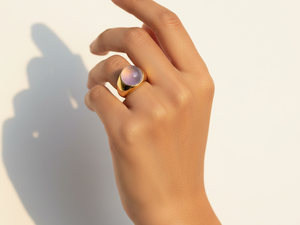 18K Gold Plated Brass Rose Quartz <b>Dome</b> <b>Ring</b> | Vintage Chunky Gemstone Statement Jewelry - Product Image 2