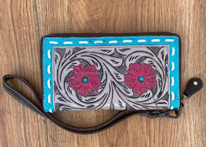 Cartera de mano de cuero auténtico tallada a mano, Cartera de gran oferta multiusos con flores de Color rojo para mujer - Product Image 2