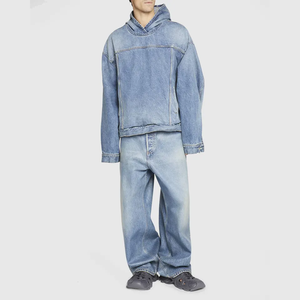 Blanket Denim Custom Tracksuit Jean Oversized Hoodie and <b>Pants</b> Set Jogger Suit Puff Print 100% Cotton Men's Track Suits - Product Image 6