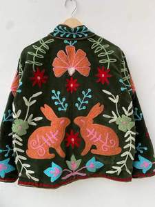 Women's Hand Embroidered Quilted Velvet Cotton <b>Jacket</b> <b>Mandarin</b> <b>Collar</b> Full Sleeves Vintage Floral Rabbit Winter Outerwear - Product Image 3