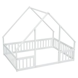 Letto a Forma di Casa Bianca in Legno Massello con Sponde di Sicurezza per Bambini - Product Image 1