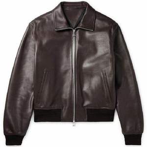 Blouson aviateur en cuir véritable pour homme, col rabattu, fermeture éclair, couleur unie, coupe classique, respirant, écologique - Product Image 1