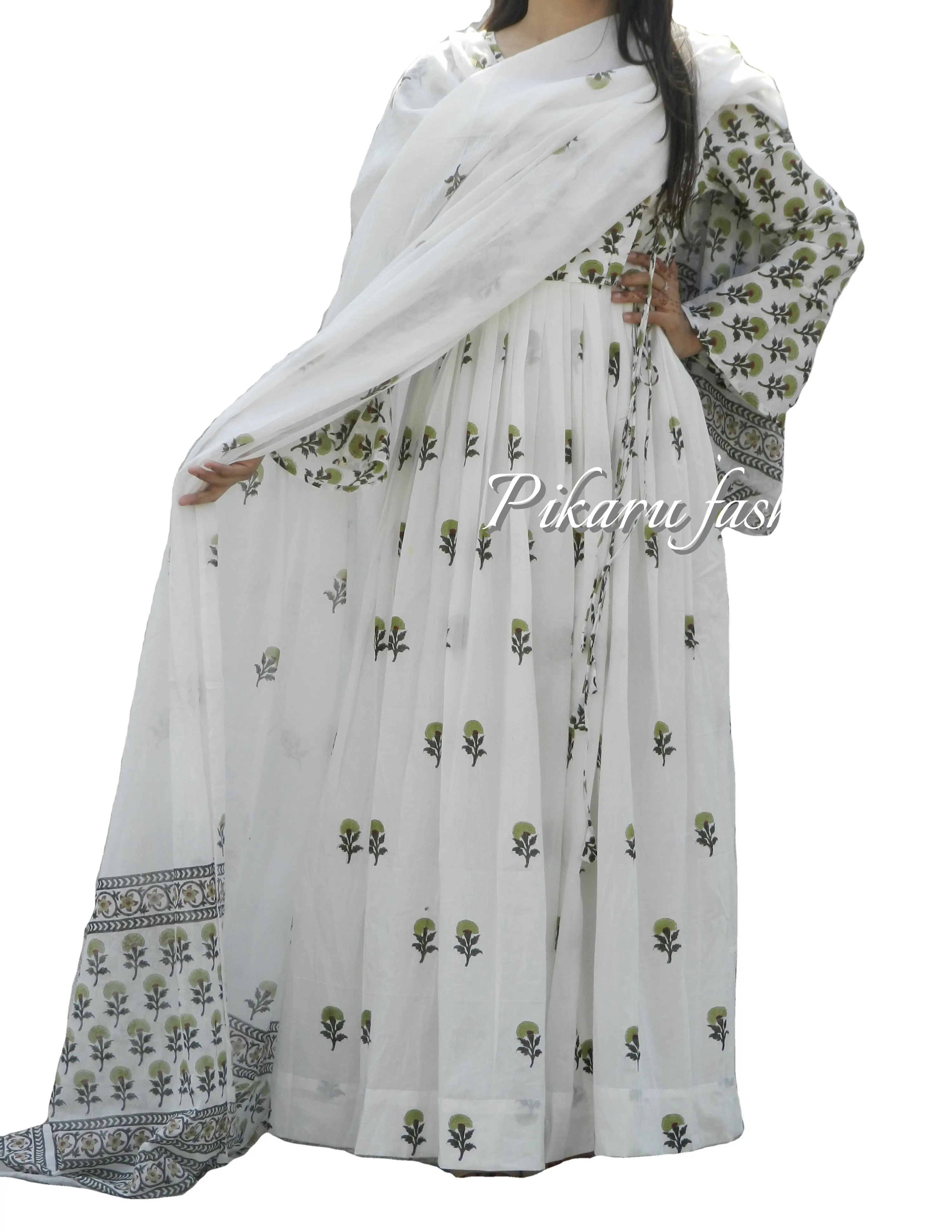 wholesale price Indian Kurtis for women White black Green Hand Block Printed casual Long Dress with belt