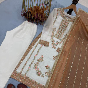 Ensemble haut et pantalon en soie chinon brodée de haute qualité, style indien moderne, pour femmes, idéal pour les fêtes et les mariages, toutes saisons. - Product Image 1