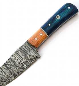 Couteau utilitaire artisanal en acier Damas avec manche bicolore bleu et bois naturel, personnalisable OEM - Product Image 5