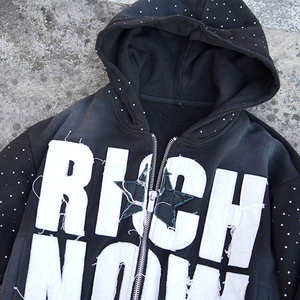 Sweat à capuche zippé pour homme, coupe ample, 500 GSM, épais, effet vieilli, délavé au soleil, délavé à l'acide, avec broderie et appliqué de patchs personnalisés, et strass - Product Image 3