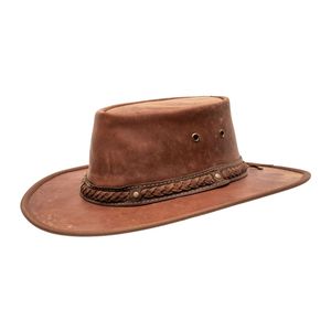 Sombrero de cuero marrón oscuro desgastado estilo Outback con corona plana, banda trenzada y ojales de latón - Product Image 3