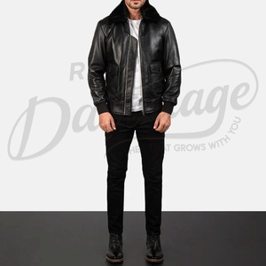 Chaqueta Bomber Urbana de Cuero Negro para Hombre con Forro en Contraste, Capucha Integrada, Chaqueta Exterior de Piel de Oveja Genuina al por Mayor con Cierre - Product Image 6