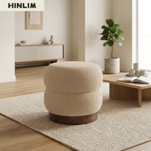 Minimalist Round Fabric Ottoman with <b>Wood</b> Base Durable & Portable Modern <b>Stool</b> for Living Room Home Furniture - Product Image 3