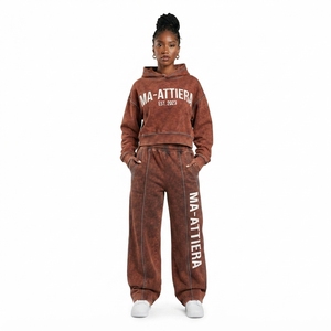 Conjunto de Sudadera Corta y Pantalones Jogger para Mujer, Lavado Ácido, Color Marrón, Algodón y Felpa, Ropa Deportiva Urbana, Venta al Por Mayor OEM - Product Image 1