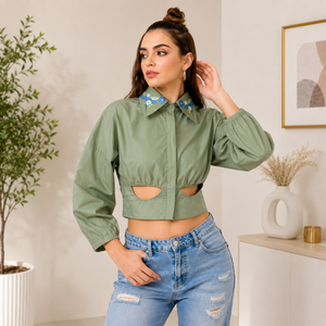 Women's Green Cotton Poplin Floral Print Embroidered Cut-Out <b>Balloon</b> Sleeve Crop Blouse Mandarin Collar Casual Spring Summer Top - Product Image 5