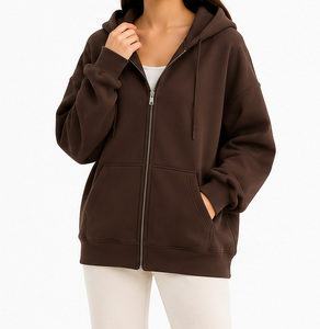 Sweat-shirt en molleton à capuche surdimensionné pour femme, fermeture éclair, marron uni, manches longues, longueur normale, coton respirant, vêtements d'automne - Product Image 1