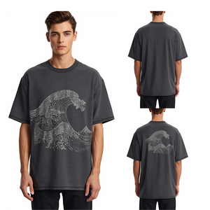 Camiseta Casual Oversize para Hombre, Color Gris Carbón, con Diseño de Ondas y Pedrería, Tejido de Algodón Satinado 100%, Premium - Product Image 1
