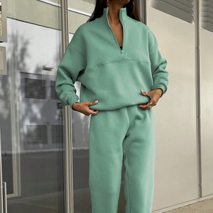 women <b>tracksuit</b> slim fit cotton polyester fabric zipper jogger set athletic gym training fitness wear - Product Image 1