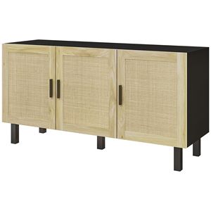 Credenza Boho Nera e Naturale con 3 Ante in Rattan, Ripiani Regolabili, Buffet per Sala da Pranzo - Product Image 1