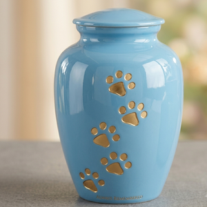 Urne funéraire pour animaux de compagnie bleue avec empreintes de pattes dorées - Toujours en souvenir - Product Image 1