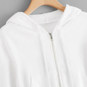 Sudadera blanca de cuello redondo para mujer, informal, lisa, con cremallera, manga larga, estilo crop top, con bolsillo, insignia y lentejuelas, de lona, para primavera - Product Image 4