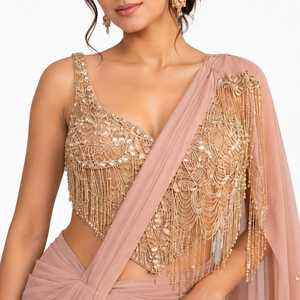 Blusa Moderna de Gasa Rosa Pálido con Lentejuelas y Flecos Bordados a Mano, Lista para Usar en Bodas, Cócteles, Fiestas y Celebraciones de Diwali - Product Image 2