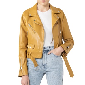 Chaqueta de Motociclista de Cuero Genuino para Mujer, Color Mostaza, Manga Larga, Cierre de Cremallera, Cuello Camisero, Estilo Otoñal, Corte Corto - Product Image 5