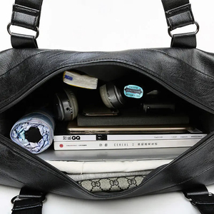 Black PU Duffle <b>Bag</b> Soft Handle Solid Color Casual Gym <b>Bag</b> Zipper Closure Adjustable Strap Durable 20-<b>30L</b> Unisex - Product Image 3