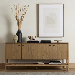 Meuble de salon moderne en bois massif, étagère en rotin, buffet de rangement, meubles sur mesure - Product Image 4