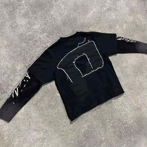 เสื้อสเวตเชิ้ตพิมพ์ลายกราฟิกแบบกำหนดเอง ทรงบ็อกซี่ แขนยาวสองชั้น ปักลาย สกรีนลาย ผ้าคอตตอนหนา เสื้อยืดครอปผู้ชาย - Product Image 3