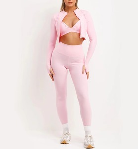 Women's Solid Pink 3-Piece Zip-Up Sports Jacket Bralette Seamless <b>Leggings</b> Set Four-Way Stretch Breathable Fabric for Workout - Product Image 1