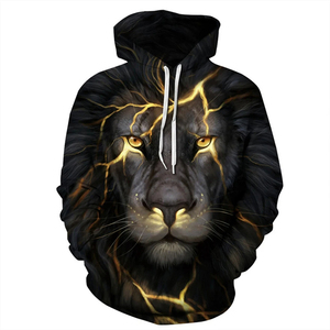 Men's 3D Lion Digital Breathable Hoodie Black Gold Lightning <b>Pattern</b> Casual Streetwear Regular Fit Polyester <b>Knitted</b> Autumn - Product Image 1