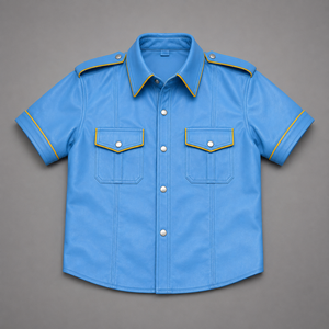 Chemise en cuir bleu clair, bordeaux et olive à manches courtes avec épaulettes, bordure jaune et blanche, boutons-pression, haut en agneau coloré pour homme - Product Image 1