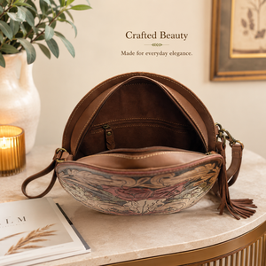 Handmade Genuine Leather Round Crossbody Bag for Women | Western Floral Skull Art Shoulder Purse Vintage Boho Artisan <b>Handbag</b> - Product Image 3