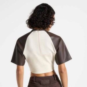 Women's PU Color Blocked Crop <b>Top</b> <b>Raglan</b> Sleeve Crew Neck Slim Fit Minimalist Style Short Sleeve Woven Fabric Breathable - Product Image 4