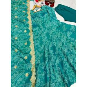 Fancy Satin Anarkali Gown Set with Empire Waistline & A-Line Silhouette Including Dupatta & Bottom - Product Image 2