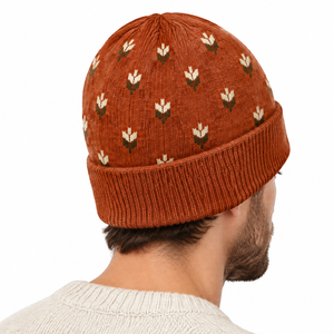 Gorros de Invierno de Punto con Diseño Floral Jacquard y Logotipo Personalizado al por Mayor, Color Marrón Óxido, Unisex, OEM, ODM - Product Image 3