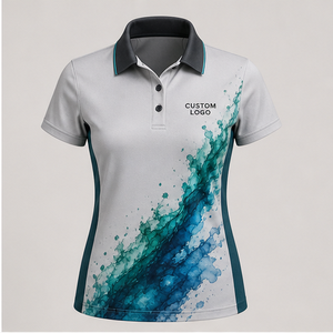 Polo Personalizado para Mujer en Color Gris Claro y Verde Azulado con Diseño de Salpicaduras de Acuarela, de Secado Rápido, Transpirable, Manga Corta, Uniforme de Golf de Alto Rendimiento WPS-0885 - Product Image 4