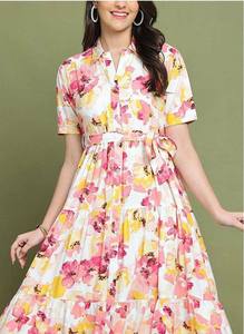 Vestido Midi de Algodón con Estampado Floral Blanco y Rosa para Mujer, Mangas Cortas, Corte Holgado, Casual, Verano - Product Image 5