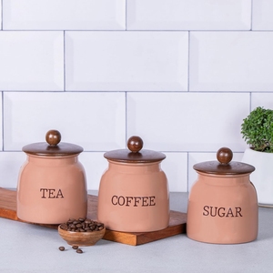 Decorative Peach Tea Coffee <b>Sugar</b> Canisters Set of 3 with Round Wooden Lids Airtight Kitchen Food Storage Jars Counter Decor Jar - Product Image 2
