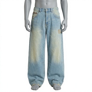 <b>Men's</b> High Waist <b>Wide</b> <b>Leg</b> Bleach Wash Denim <b>Jeans</b> With Embroidery Loose Fit Streetwear Style Summer Cotton Pants - Product Image 1