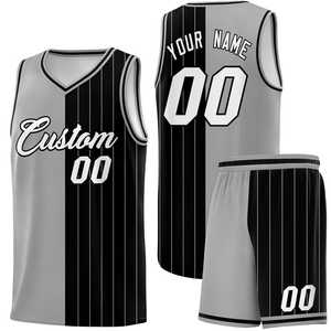 Ensemble de maillots de basket-ball personnalisés rayés noir et gris, col en V, sans manches, impression sublimée, maille respirante, unisexe adulte - Product Image 1