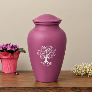 Urne funéraire en métal rose Arbre de Vie avec motif de racine botanique, finition mate douce, récipient commémoratif pour cendres, objet de souvenir - Product Image 1