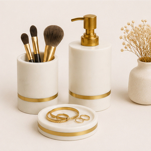 White Marble Bathroom Accessory Set with Solid Brass Accents Handcrafted Natural Soap Dispenser <b>Toothbrush</b> <b>Holder</b> For Hotel - Product Image 3