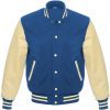 Wholesale <b>Men</b> Varsity <b>Jacket</b> Blue Wool Body And Cream Leather Sleeves White Snap Button <b>Jacket</b> - Product Image 1